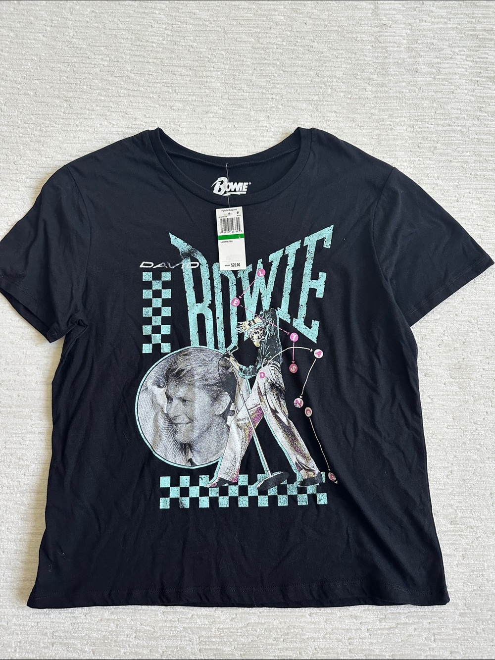 David Bowie Black Graphic Tee with Teal & Pink Accents